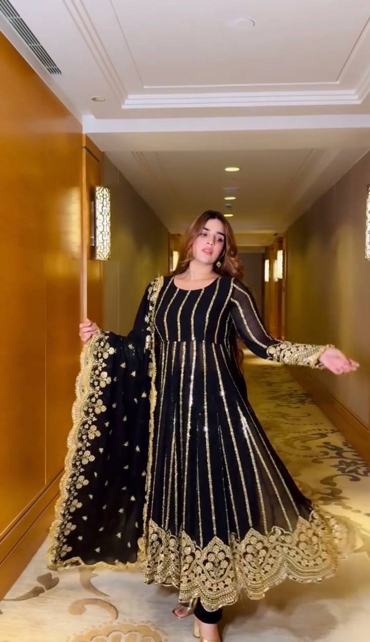 Embroidery Work Golden Black Long Gown For Diwali By WTW