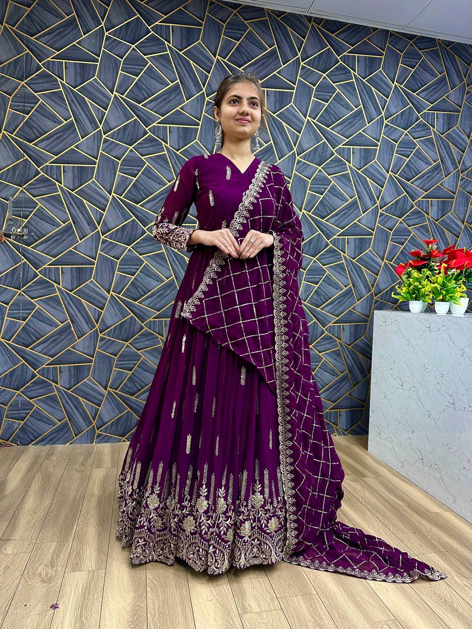 Wine Colour Embroidery Thread Work Fox Georgette Anarkali Gown By WTW