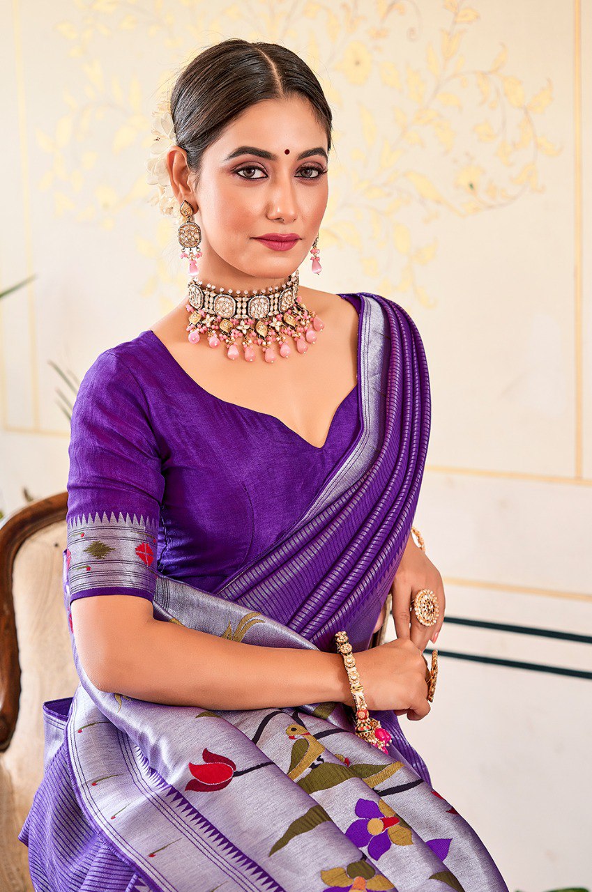Exquisite Purple Viscose Paithani Meenakari Saree By WTW