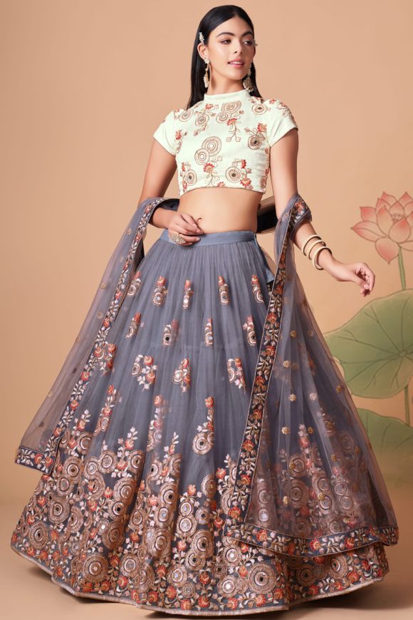 Tempting Net Fabric Grey Color Lehenga Choli In Sangeet Wear By WTW