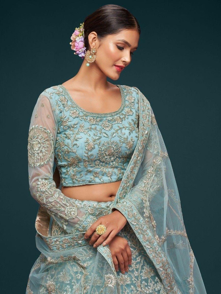 Beautiful Sea Blue Embroidered Soft Net Lehenga Choli With Dupatta By WTW