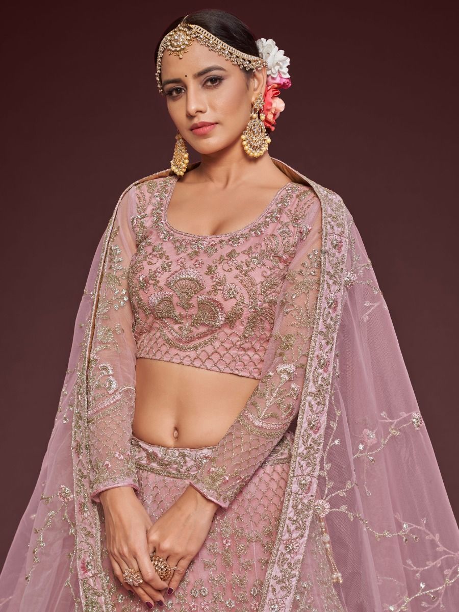 Enchanting Light Pink Embroidered Soft Net Wedding wear Lehenga Choli By WTW