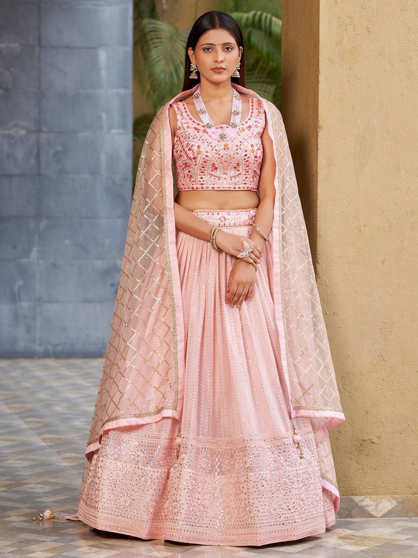 Beautiful Pink Sequins Art Silk Bridesmaid Lehenga Choli With Dupatta By WTW