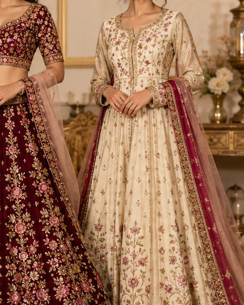 Nur Anarkali Gown warna maroon gold