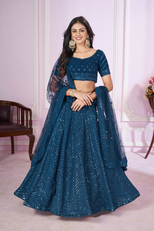 Stunning Teal Blue Sequins Georgette Wedding Wear Lehenga Choli By WTW