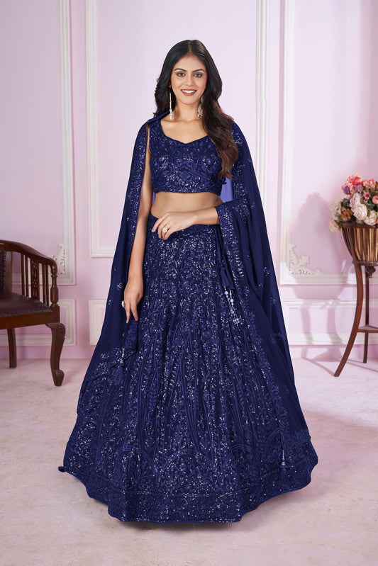 Wonderful Navy Blue Sequins Georgette Wedding Wear Lehenga Choli By WTW