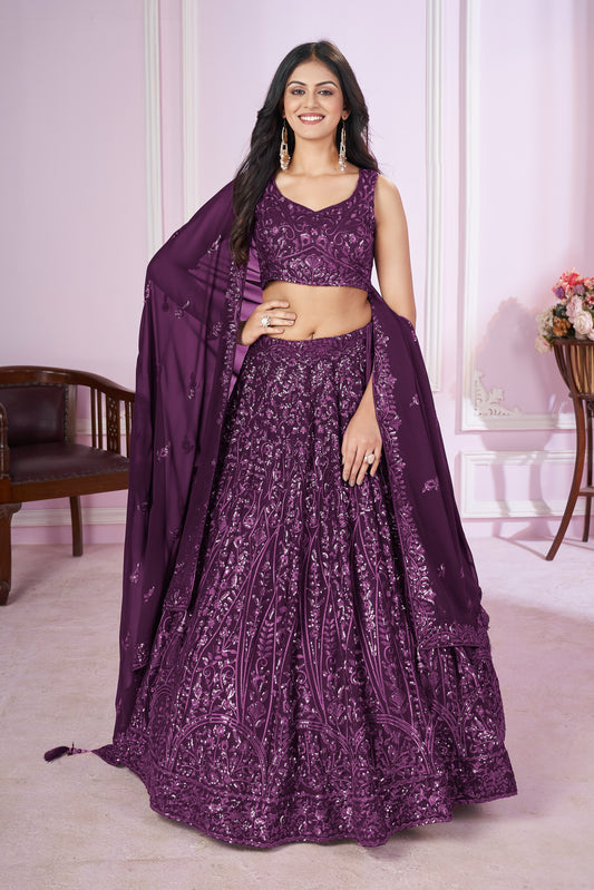 Attractive Purple Sequins Georgette Wedding Wear Lehenga Choli By WTW