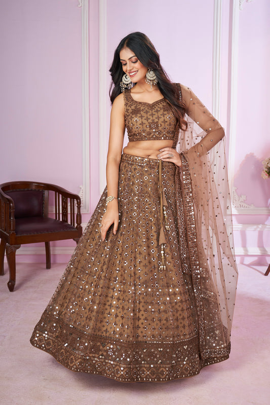 Attractive Brown Sequins Soft Net Engagement Wear Lehenga Choli By WTW