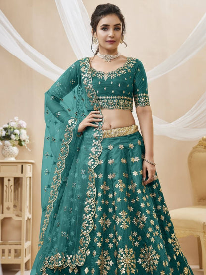 Green Art Silk Embroidered Semi Stitched Lehenga With Unstitched Blouse For Women By WTW