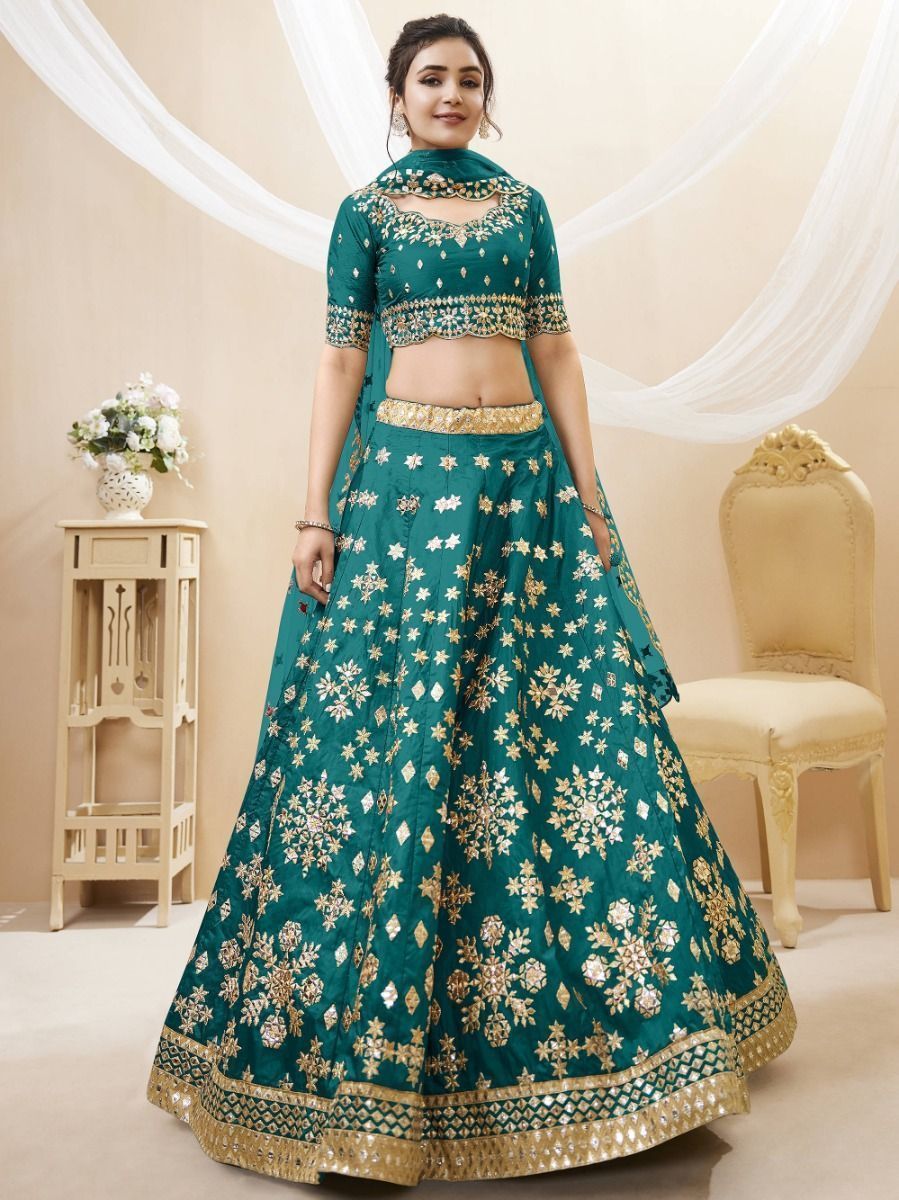 Green Art Silk Embroidered Semi Stitched Lehenga With Unstitched Blouse For Women By WTW