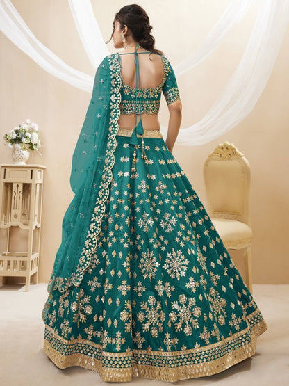 Green Art Silk Embroidered Semi Stitched Lehenga With Unstitched Blouse For Women By WTW