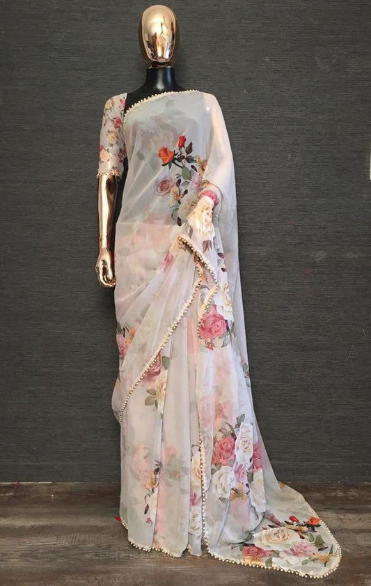 Designer Off White Georgette Printed With Pearl Lace Saree By WTW