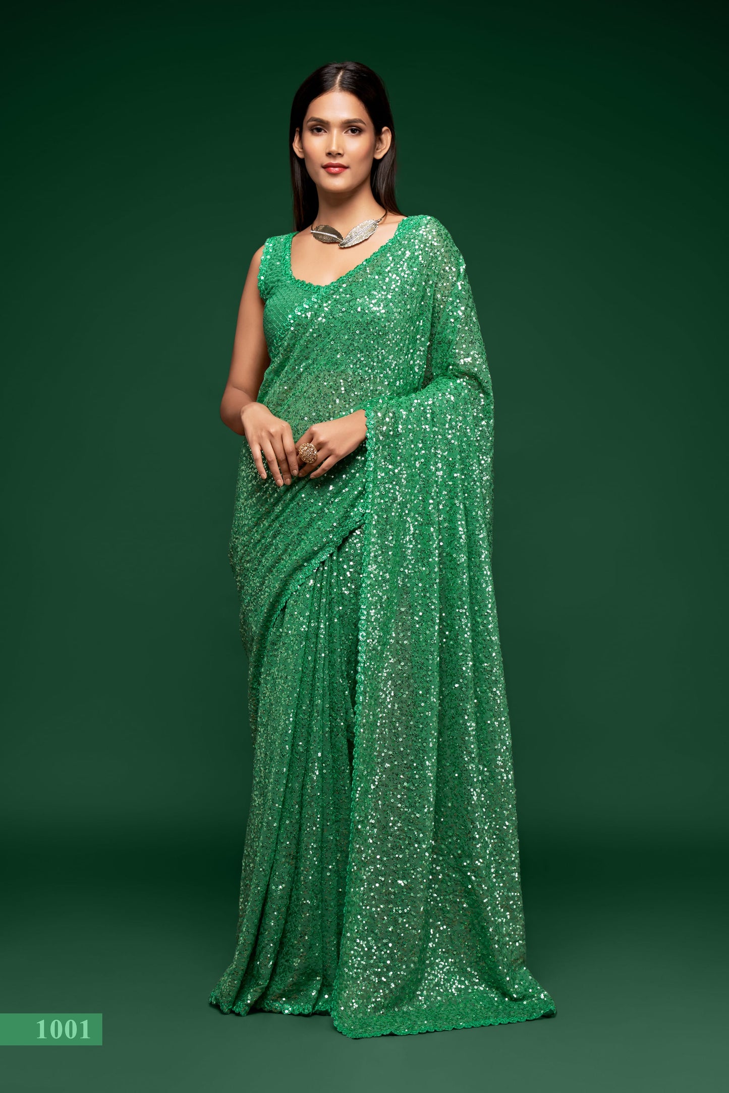 Lovely Mint Green Sequined Georgette Party Wear Saree By WTW