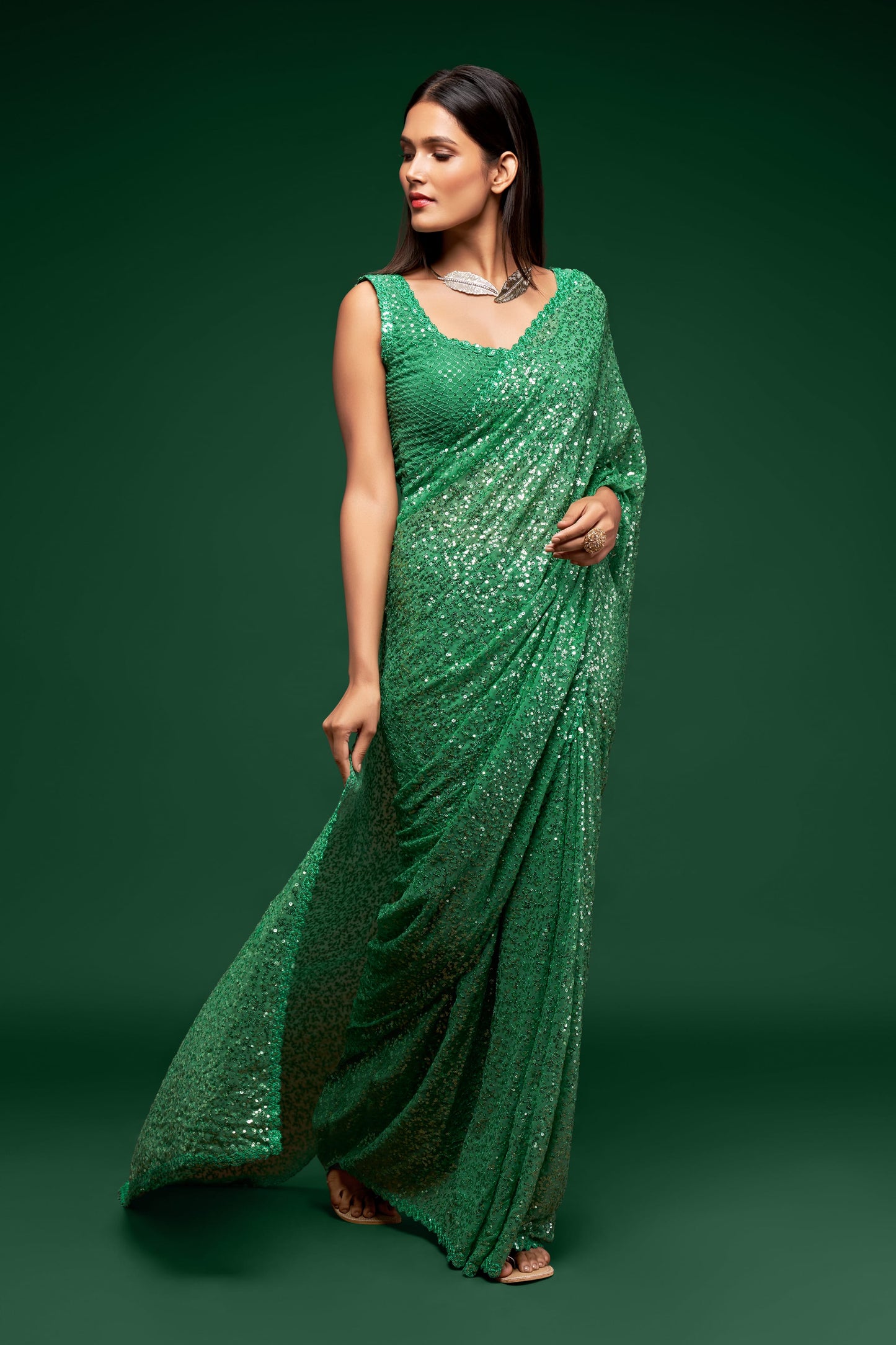 Lovely Mint Green Sequined Georgette Party Wear Saree By WTW