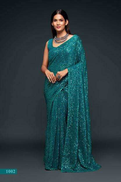 Attractive Teal Blue Sequined Georgette Party Wear Saree By WTW