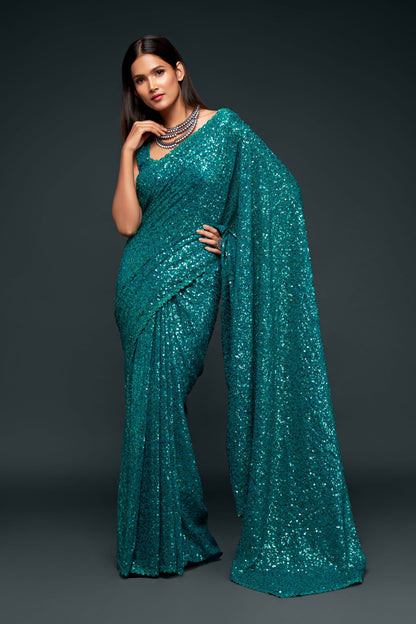 Attractive Teal Blue Sequined Georgette Party Wear Saree By WTW