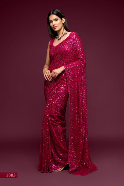 Fabulous Hot Pink Sequined Georgette Party Wear Saree By WTW