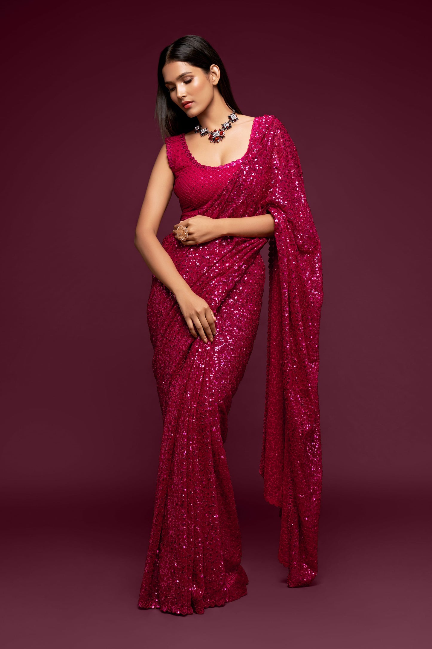 Fabulous Hot Pink Sequined Georgette Party Wear Saree By WTW