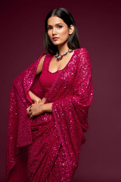 Fabulous Hot Pink Sequined Georgette Party Wear Saree By WTW