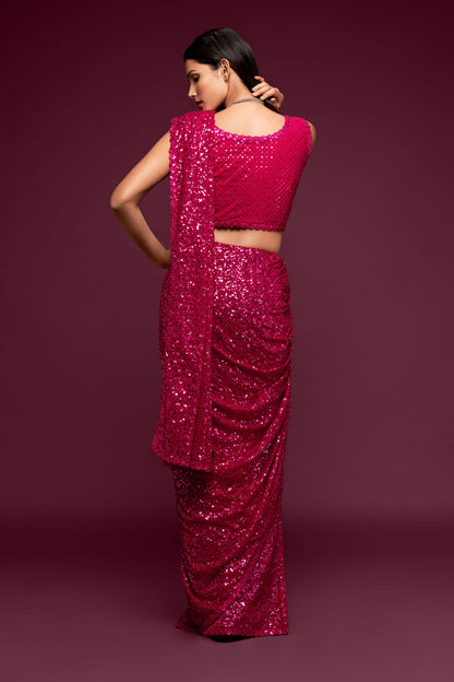 Fabulous Hot Pink Sequined Georgette Party Wear Saree By WTW