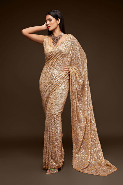 Awesome Ivory Sequined Georgette Party Wear Saree By WTW