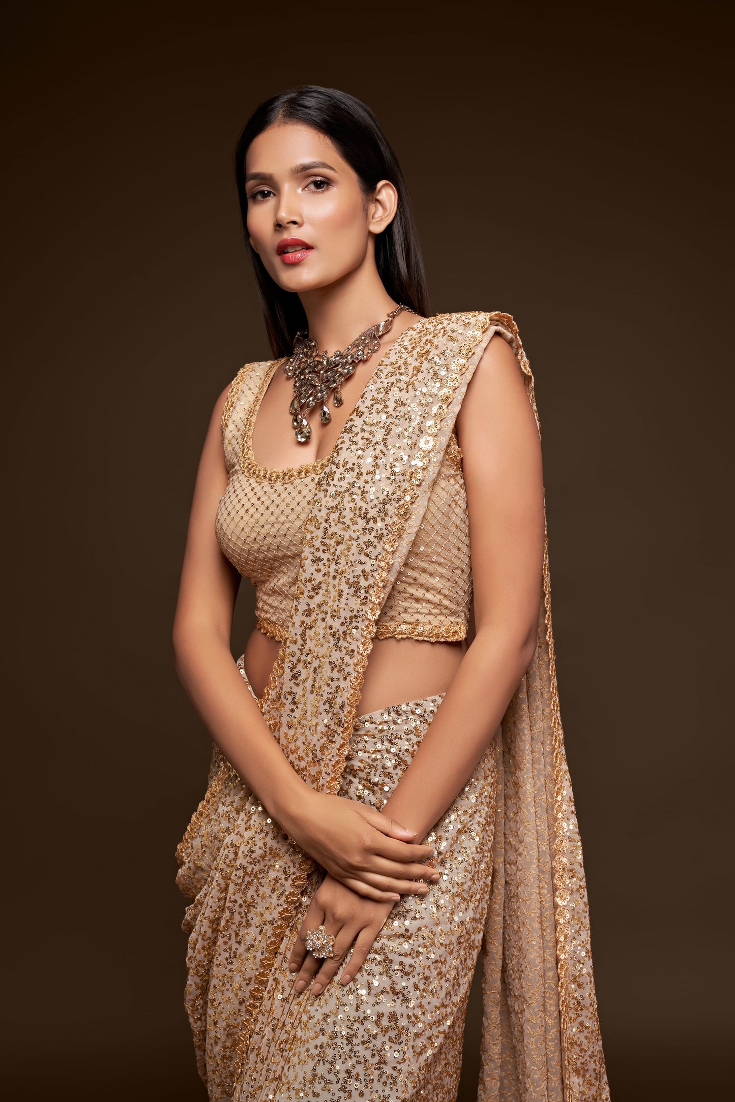 Awesome Ivory Sequined Georgette Party Wear Saree By WTW