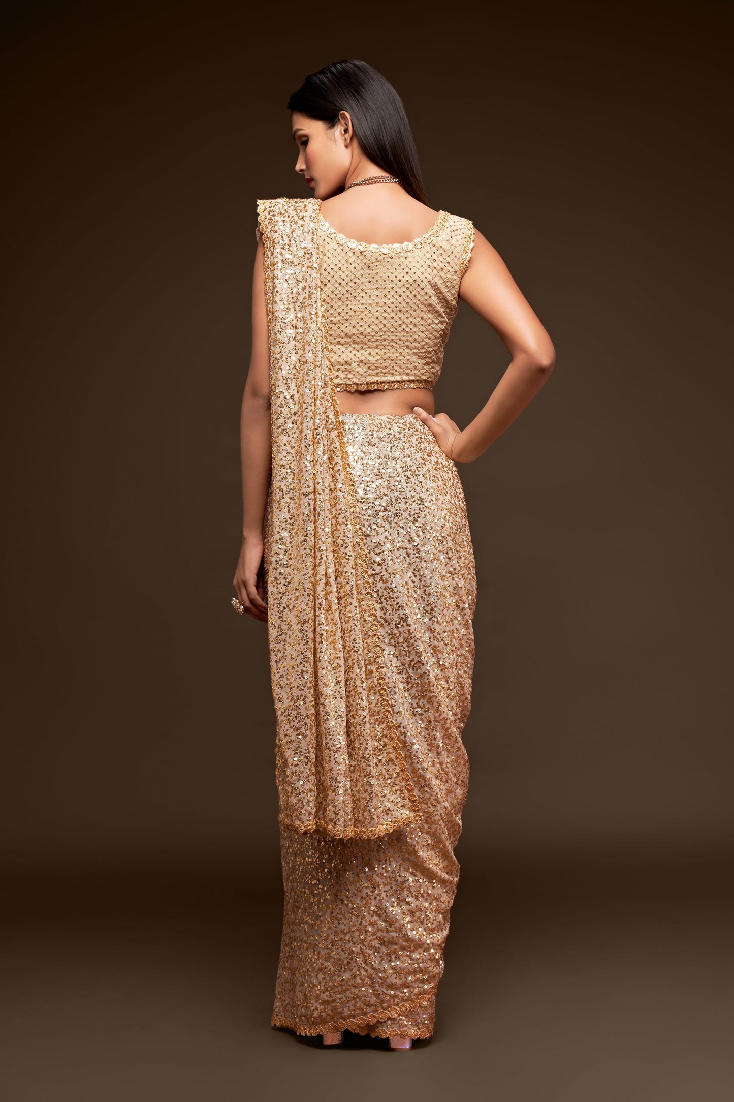 Awesome Ivory Sequined Georgette Party Wear Saree By WTW