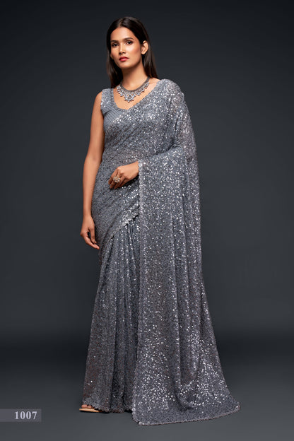 Faux Georgette Grey Sequins Classic Designer Saree By WTW