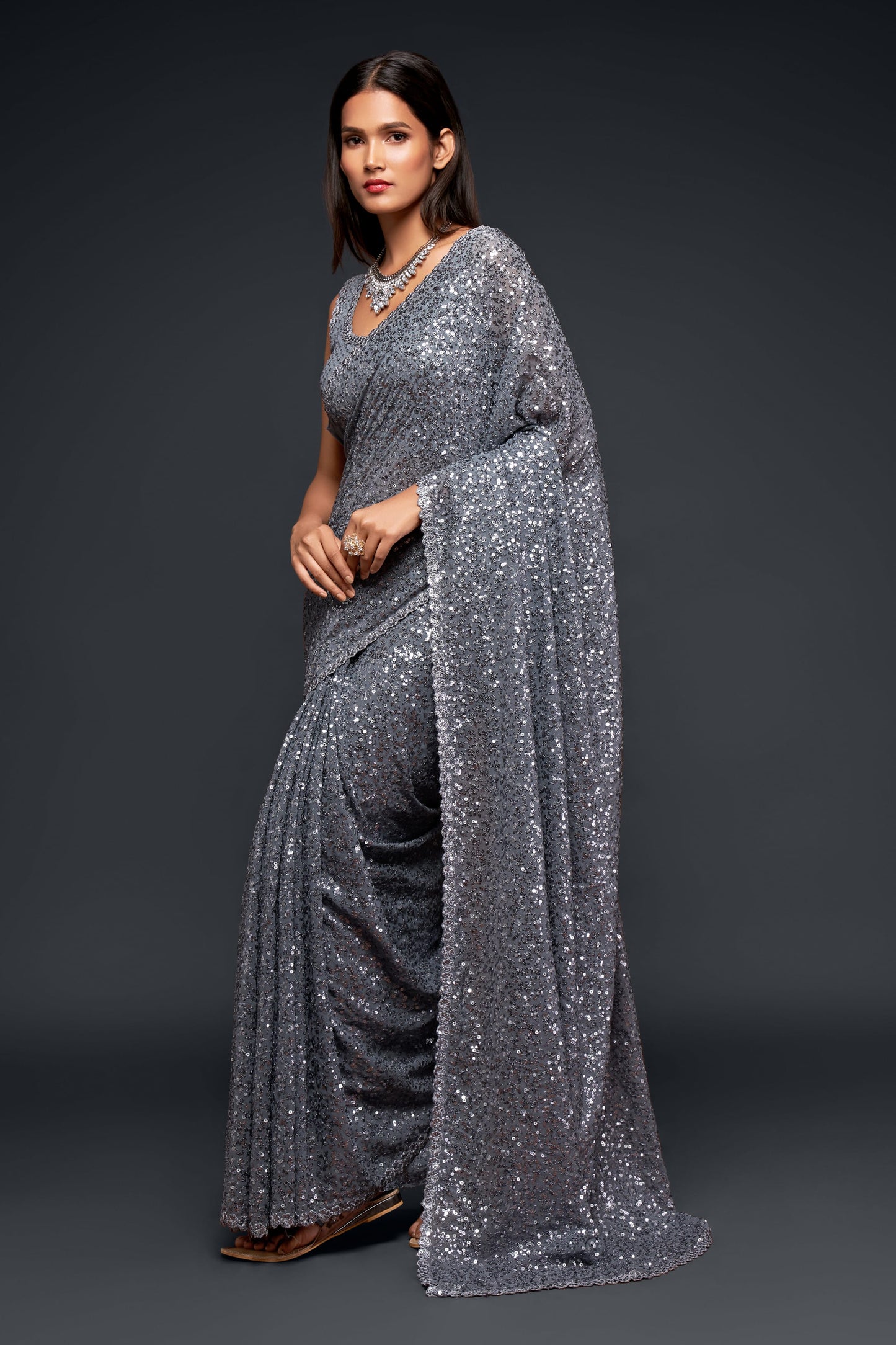 Faux Georgette Grey Sequins Classic Designer Saree By WTW