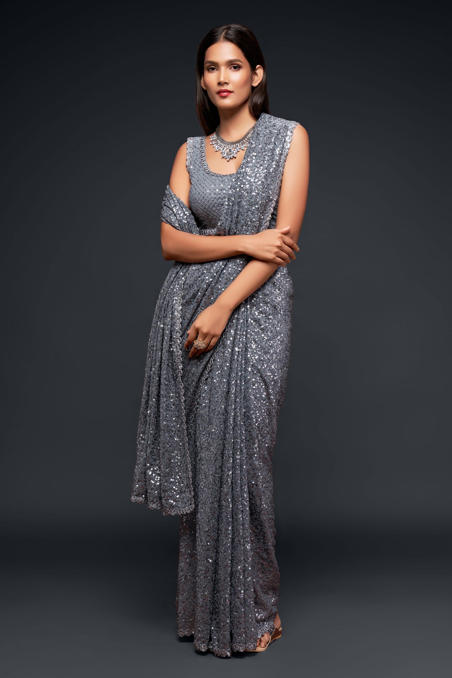 Faux Georgette Grey Sequins Classic Designer Saree By WTW