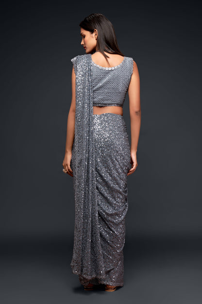 Faux Georgette Grey Sequins Classic Designer Saree By WTW