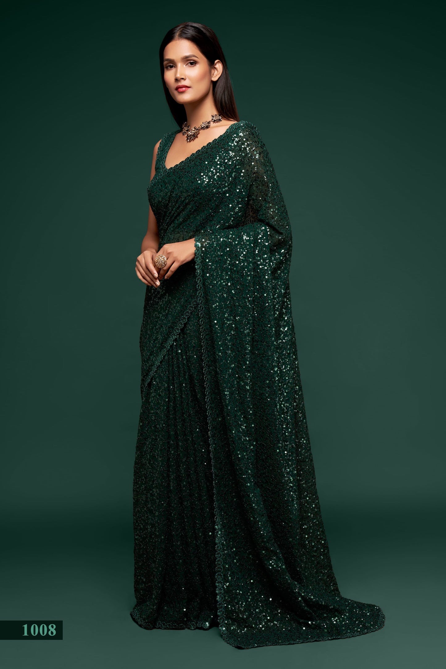 Awesome Deep Green Sequined Georgette Party Wear Saree By WTW