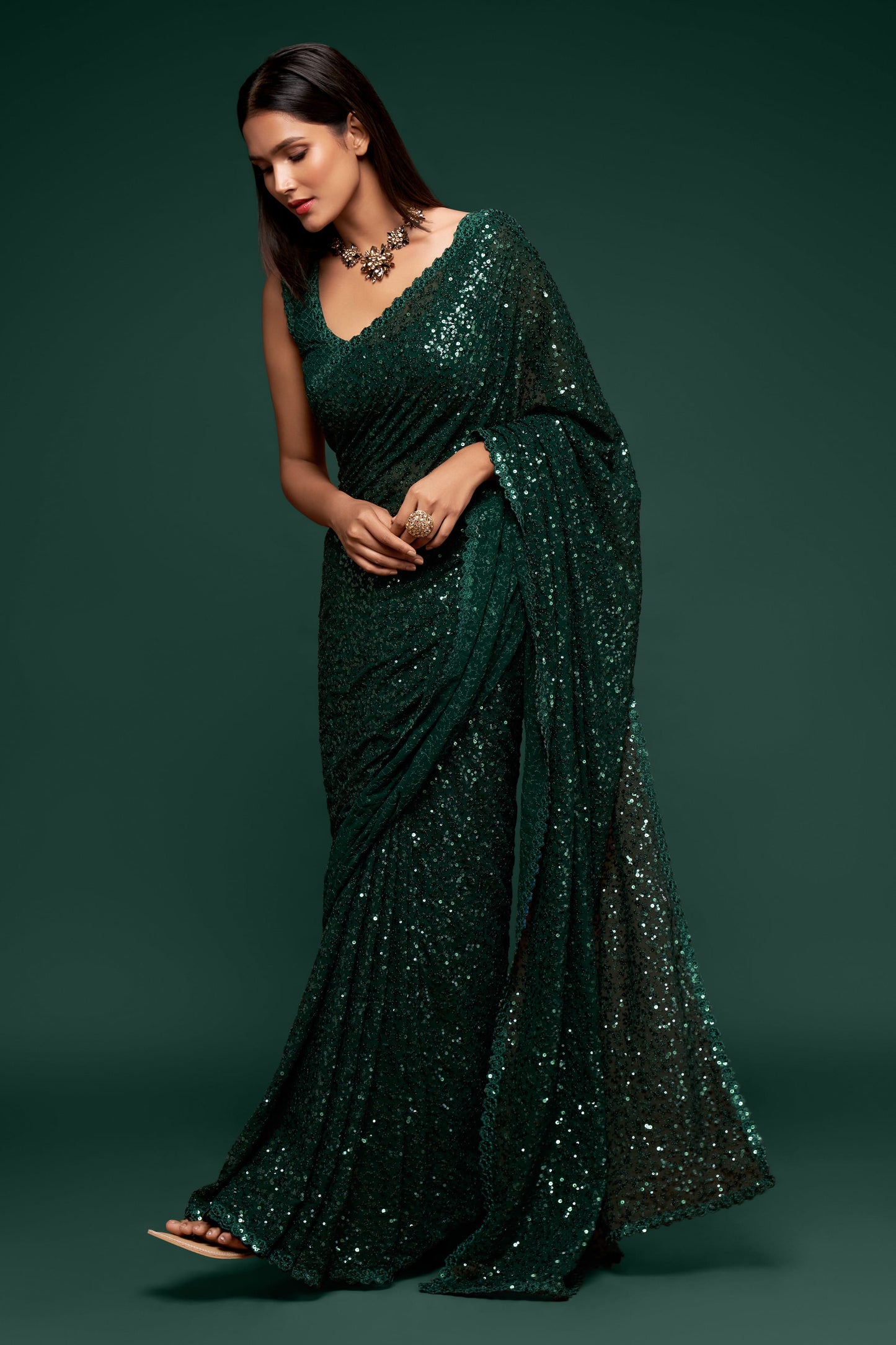 Awesome Deep Green Sequined Georgette Party Wear Saree By WTW