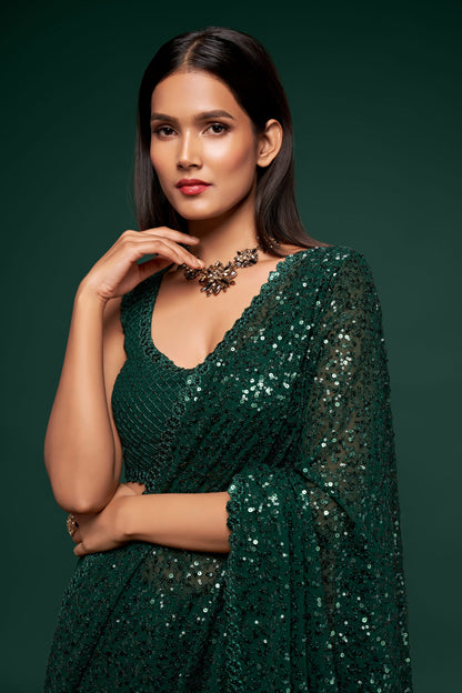 Awesome Deep Green Sequined Georgette Party Wear Saree By WTW