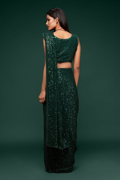 Awesome Deep Green Sequined Georgette Party Wear Saree By WTW