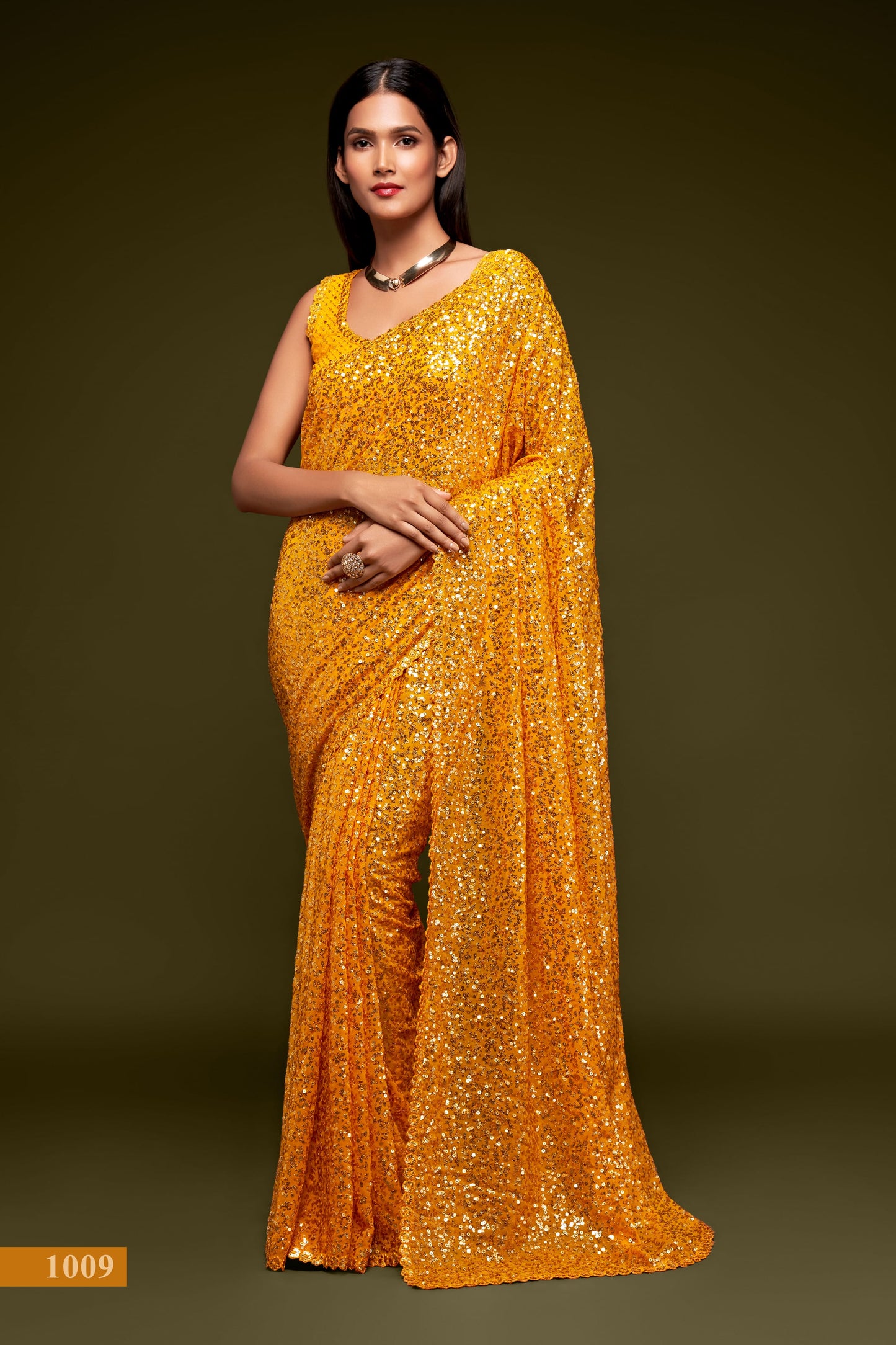 Yellow Fully Sequined Georgette Party Wear Saree By WTW