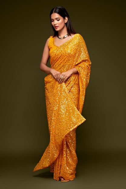 Yellow Fully Sequined Georgette Party Wear Saree By WTW