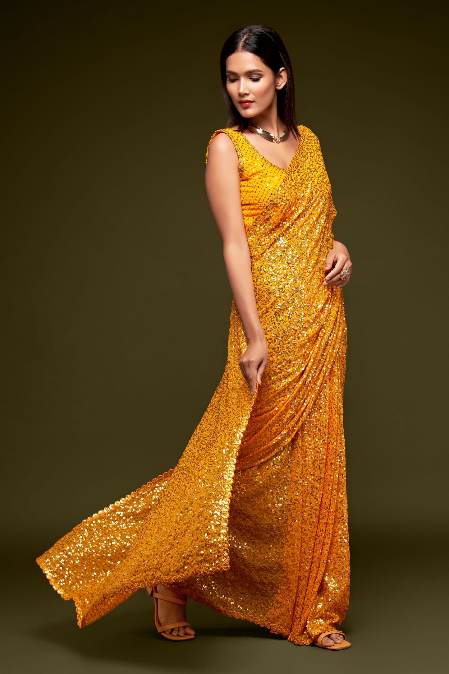 Yellow Fully Sequined Georgette Party Wear Saree By WTW