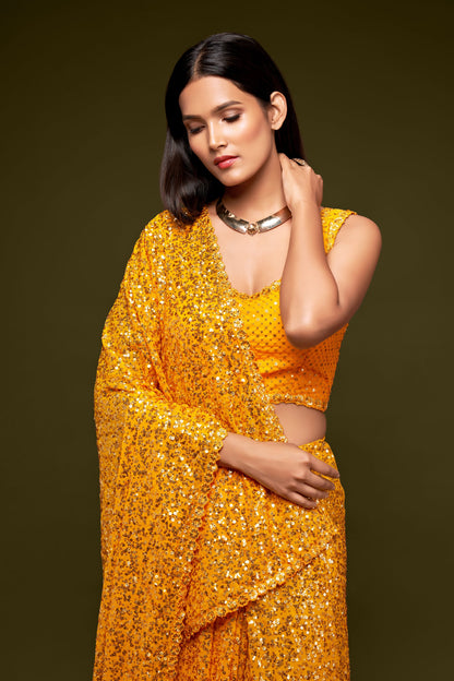 Yellow Fully Sequined Georgette Party Wear Saree By WTW