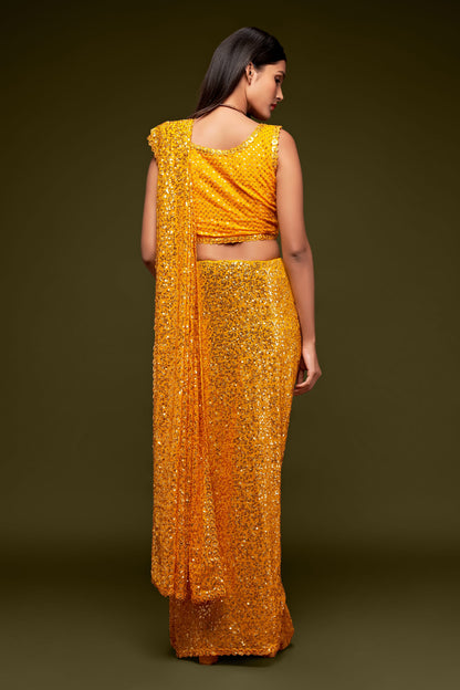 Yellow Fully Sequined Georgette Party Wear Saree By WTW