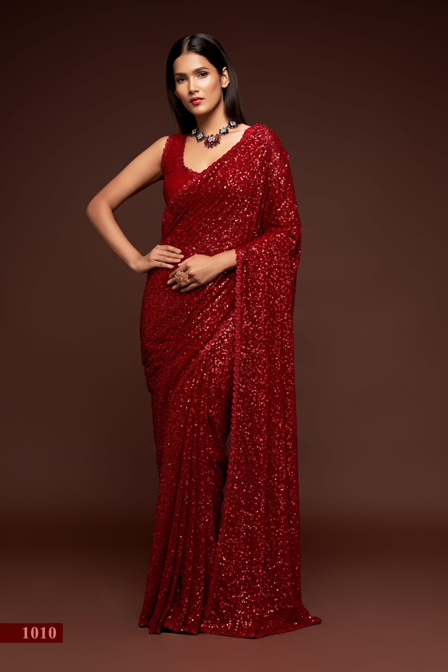 Hot Ruby Red Sequined Georgette Party Wear Saree By WTW