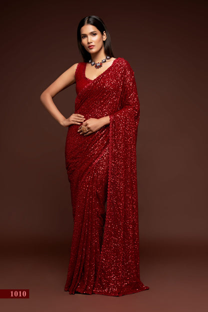 Hot Ruby Red Sequined Georgette Party Wear Saree By WTW