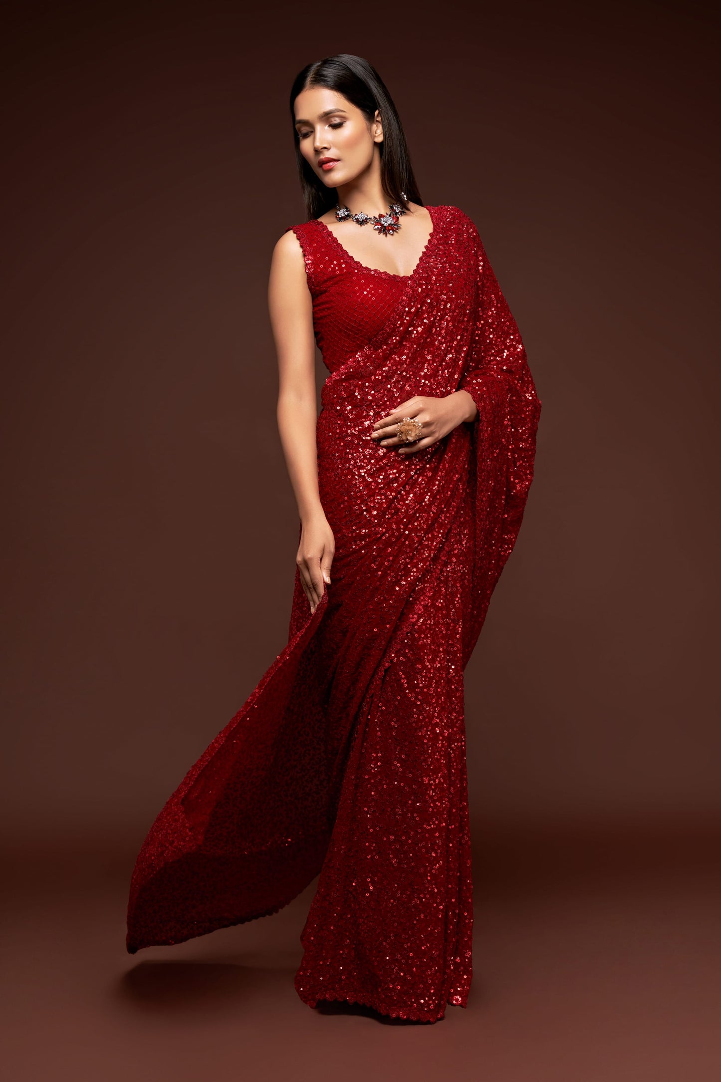 Hot Ruby Red Sequined Georgette Party Wear Saree By WTW