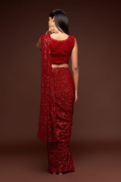 Hot Ruby Red Sequined Georgette Party Wear Saree By WTW