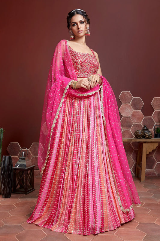 Wonderful Pink Digital Print Chinnon Silk Engagement Wear Lehenga Choli By WTW