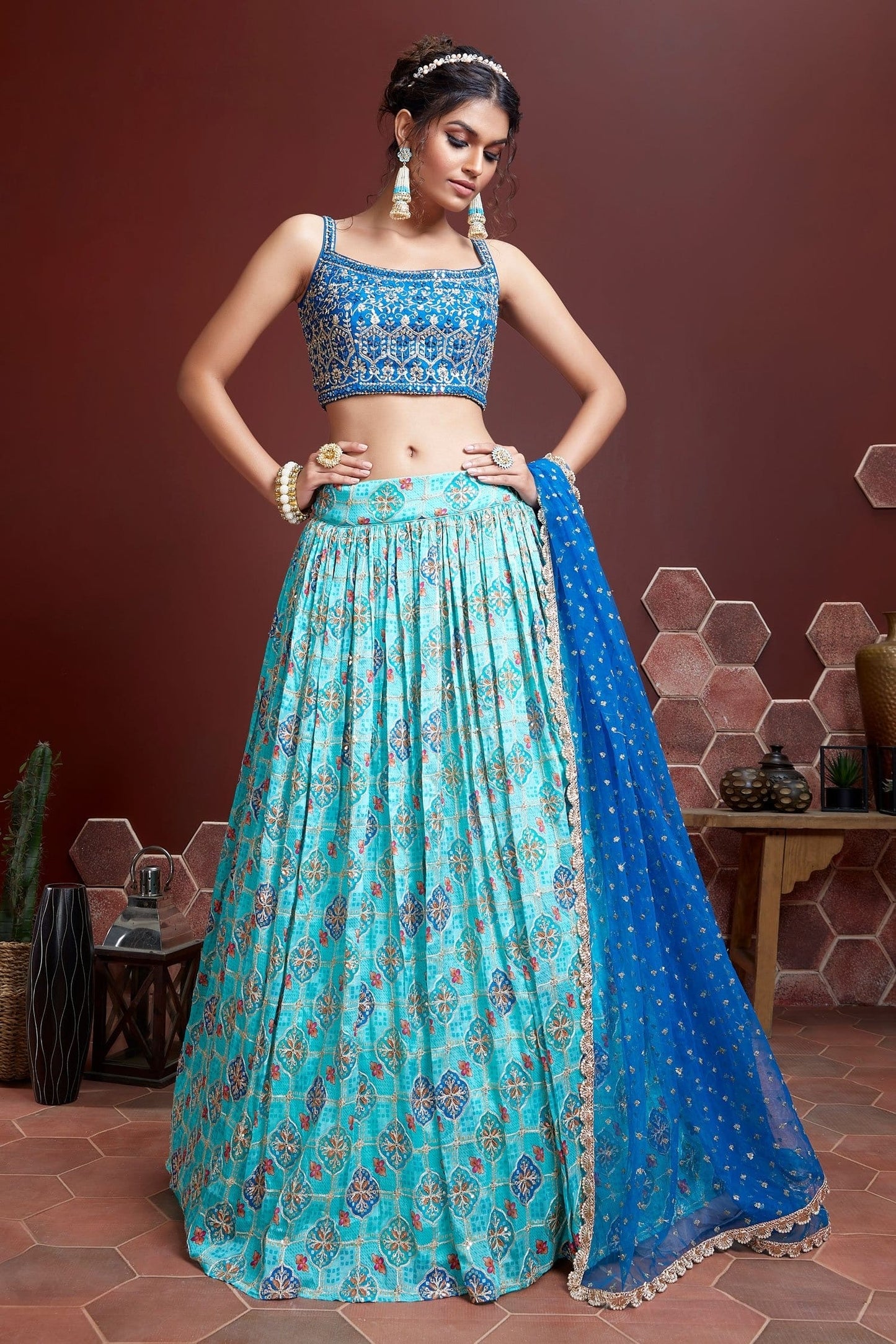 Amazing Sky Blue Digital Print Chinnon Silk Engagement Wear Lehenga Choli By WTW