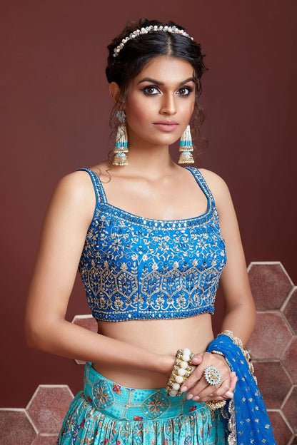 Amazing Sky Blue Digital Print Chinnon Silk Engagement Wear Lehenga Choli By WTW