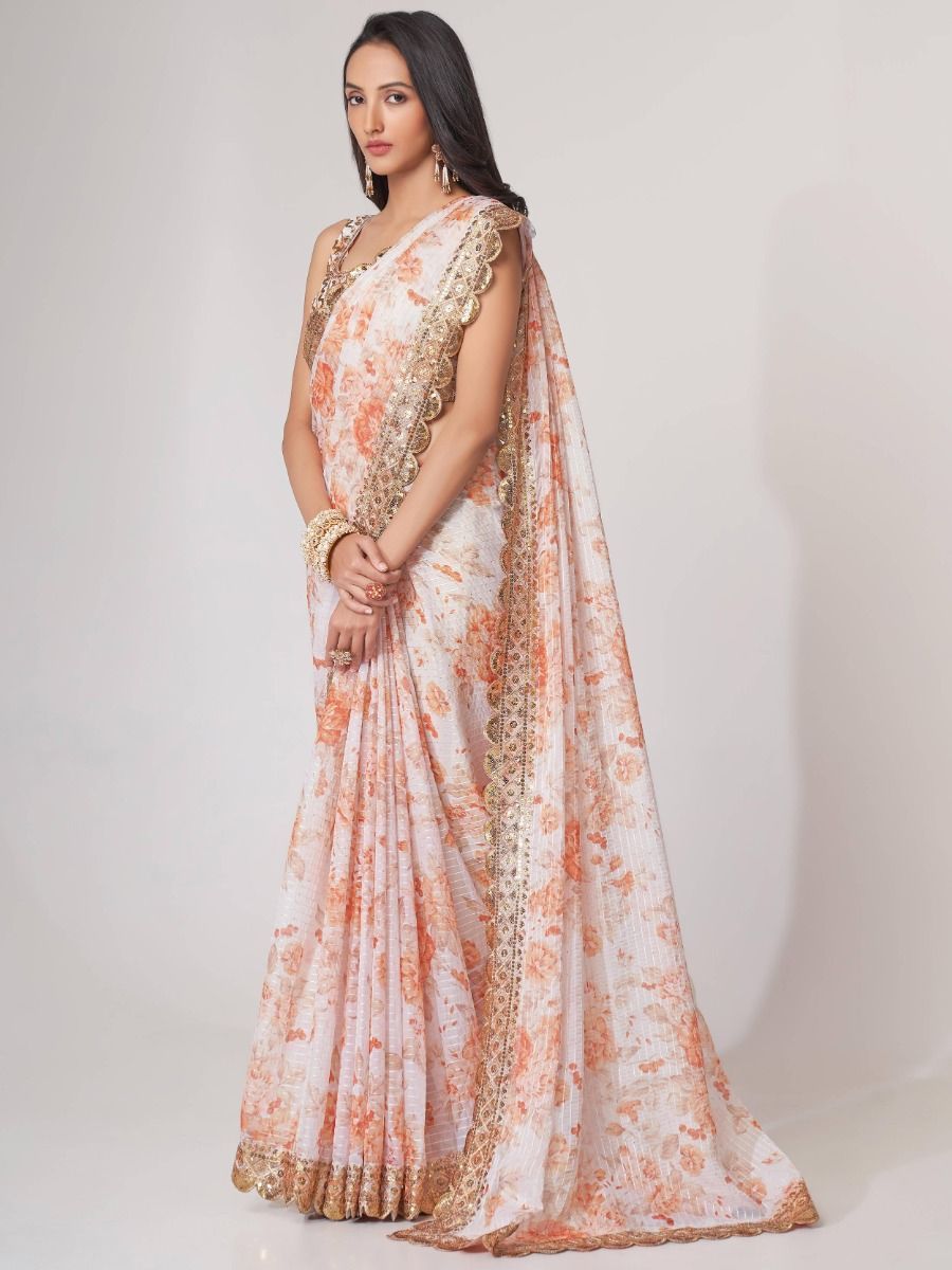 Gorgeous White Floral Printed Organza Party Wear Saree With Blouse By WTW