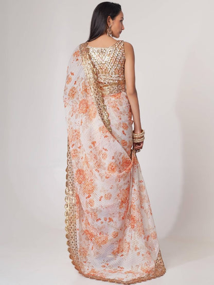 Gorgeous White Floral Printed Organza Party Wear Saree With Blouse By WTW