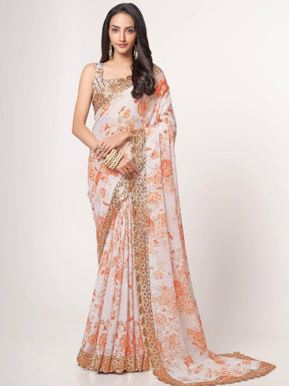 Gorgeous White Floral Printed Organza Party Wear Saree With Blouse By WTW